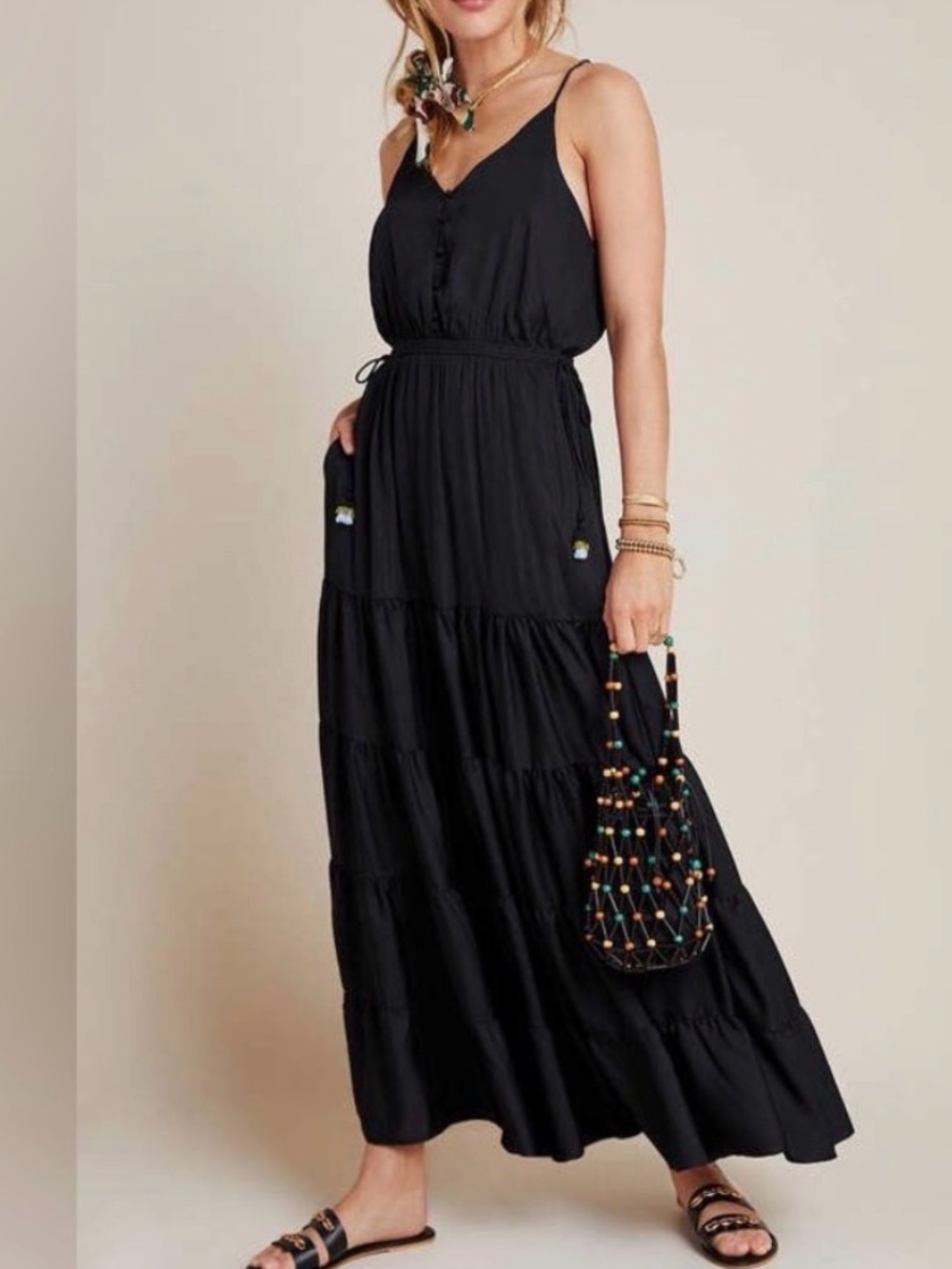 Anthropologie Dolan racerback tiered maxi dress side tassels medium